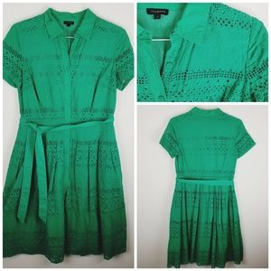 Talbots green eyelet collar button shirt dress 8